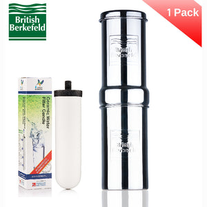 Ultra Sterasyl filter candle shown with packaging and 1L Adventure British Berkefeld stainless steel gravity water filter.