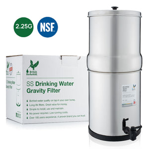 8.5L (2.25 gal) British Berkefeld stainless steel drinking water gravity filter shown beside the product box
