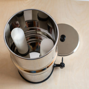 View inside top of Small 6L British Berkefeld stainless steel gravity water filter, showing two Ultra Sterasyl candles mounted in place.