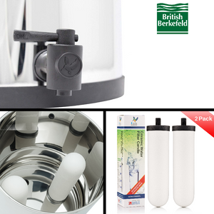 British Berkefeld stainless steel drinking water gravity filter close up on interior, spigot and filter candles
