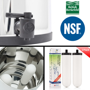 8.5L British Berkefeld stainless steel drinking water gravity filter close up on interior, spigot and filter candles.