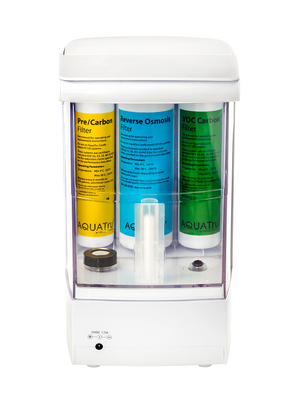 AquaTru Carafe water purifier rear view showing filter cartridges mounted in place.