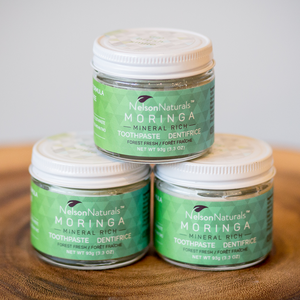 Three jars of Nelson Naturals Moringa toothpaste Forest Fresh