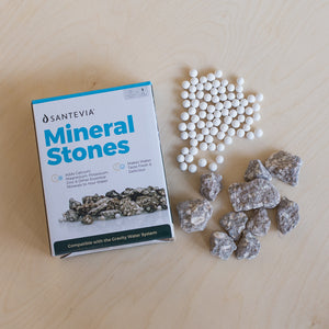 Santevia Mineral Stones include bio-ceramic energy balls and Maifan stones, shown here with packaging