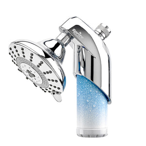 Sprite Twist Off shower filter shown with shower head  attached