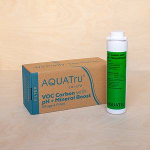 AquaTru Carafe Countertop Water Purifier Stage 4 VOC Carbon with pH + Mineral Boost filter shown with packaging