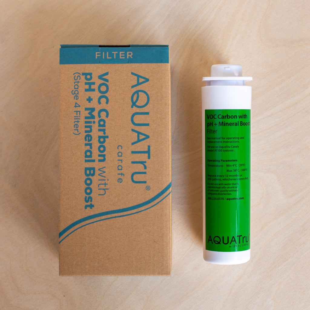 AquaTru Carafe Countertop Water Purifier Stage 4 VOC Carbon with pH + Mineral Boost filter shown with packaging