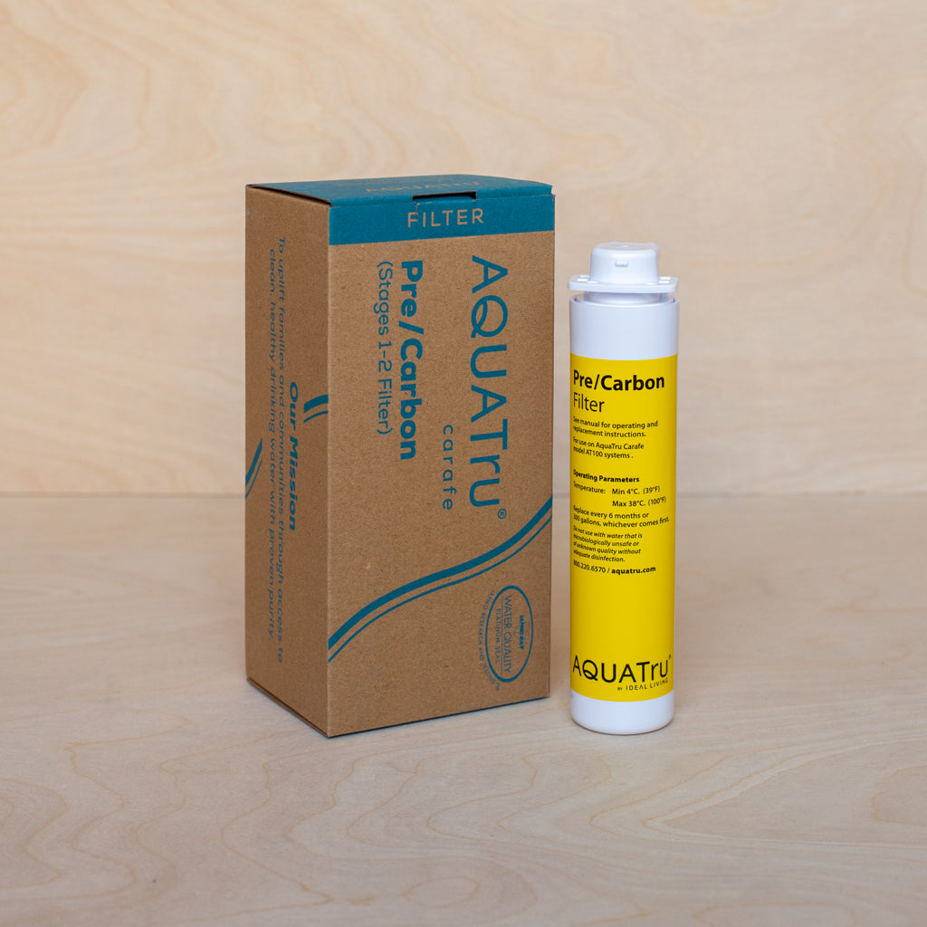 AquaTru Carafe Countertop Water Filter replacement Pre/Carbon cartridge shown with packaging