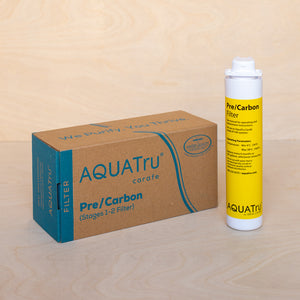 AquaTru Carafe Countertop Water Purifier Pre/Carbon filter shown with packaging