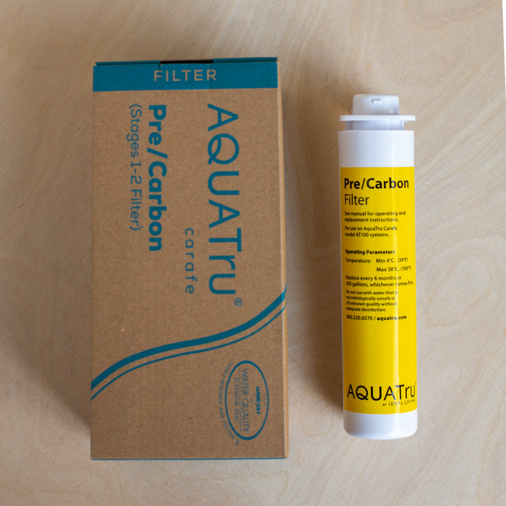 AquaTru Carafe Countertop Water Purifier Pre/Carbon filter shown with package