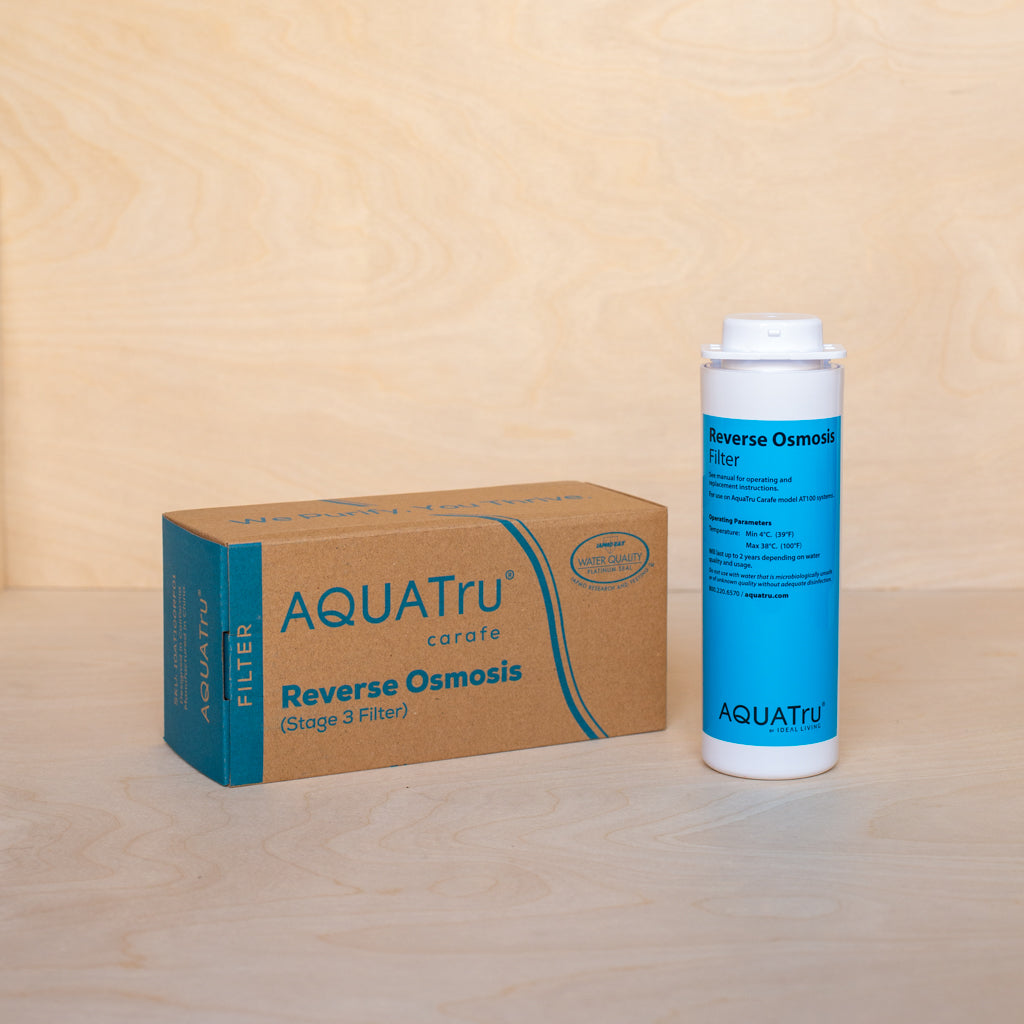 AquaTru Carafe Countertop Water Purifier Stage 3 Reverse Osmosis Filter shown with packaging