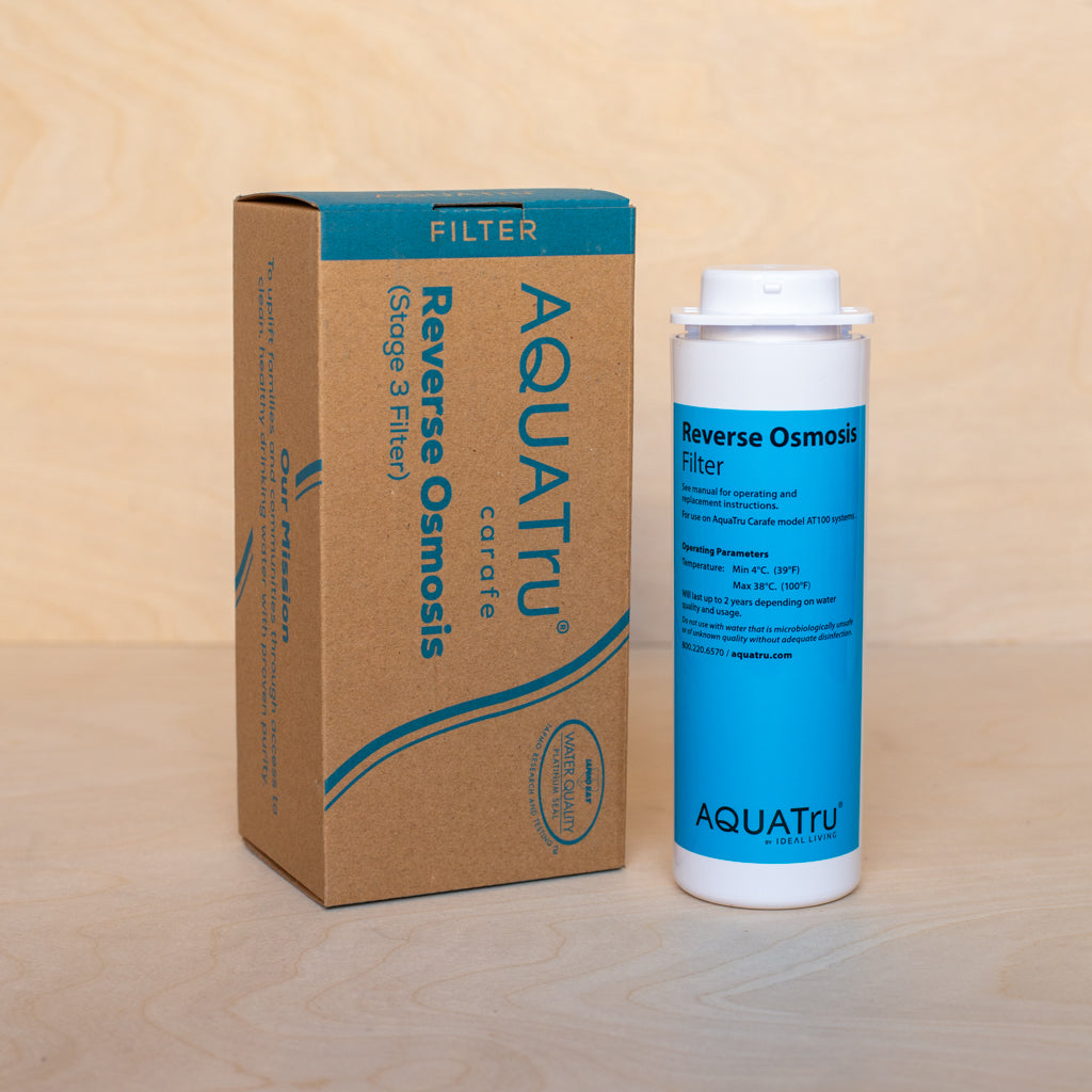 AquaTru Carafe Countertop Water Purifier Stage 3 Reverse Osmosis Filter shown with packaging