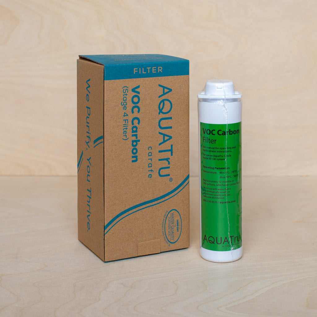AquaTru Carafe Countertop Water Purifier Stage 4 VOC Carbon Filter shown with packaging