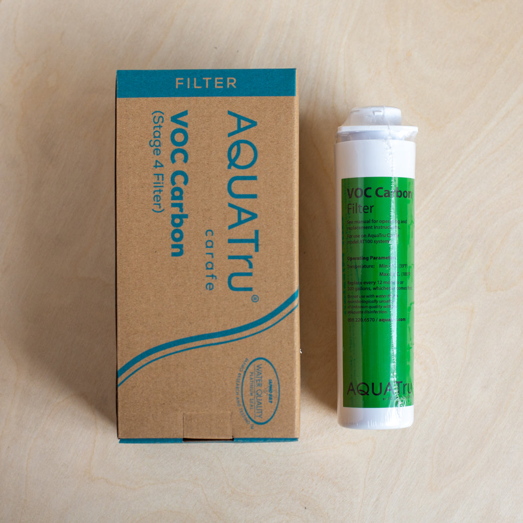 AquaTru Carafe Countertop Water Purifier Stage 4 VOC Carbon Filter shown with packaging