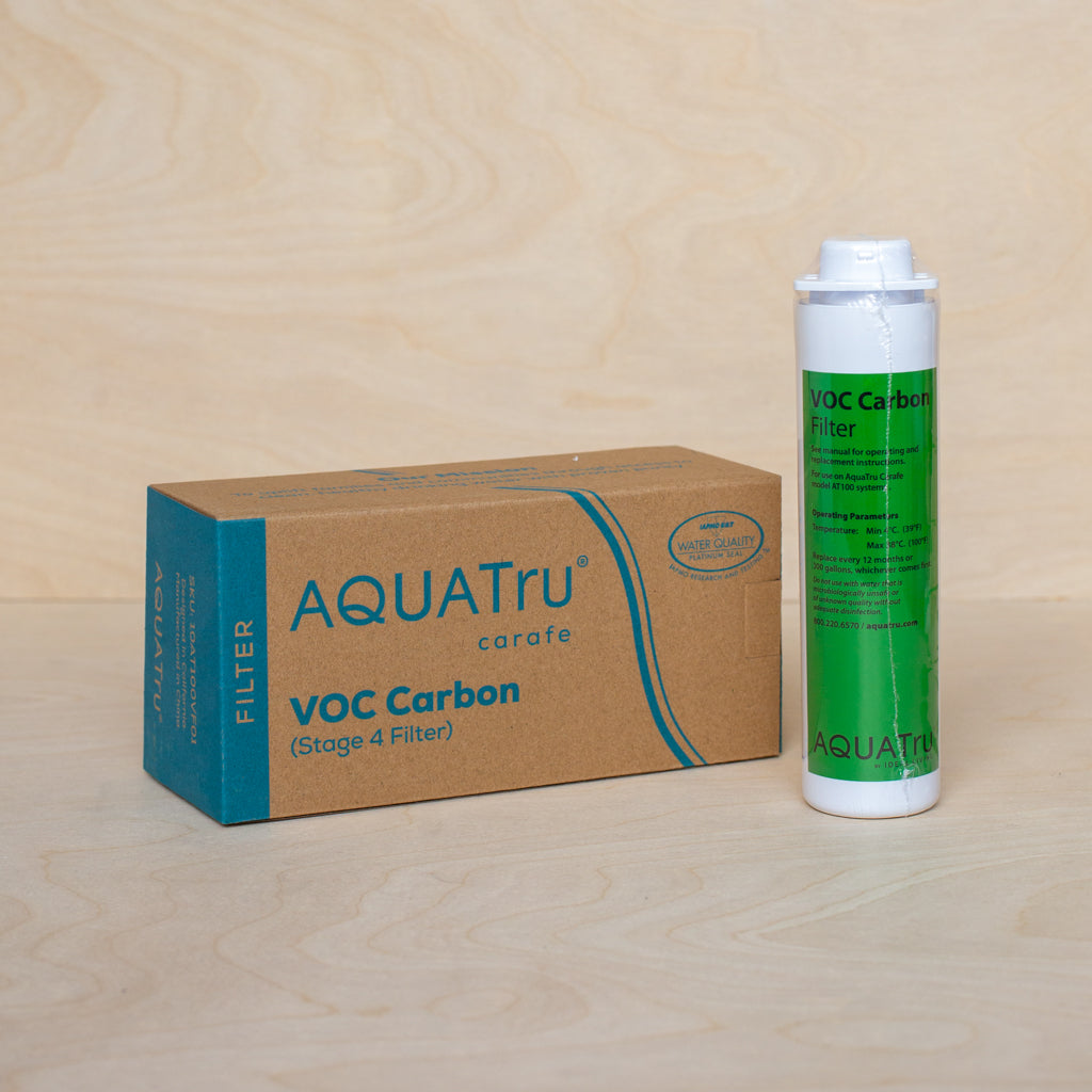 AquaTru Carafe Countertop Water Filter VOC Carbon filter shown with packaging