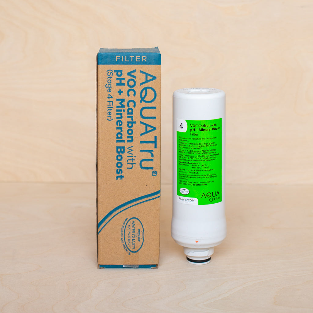 AquaTru Classic Water Filter VOC Carbon with pH + Mineral boost cartridge shown with packaging