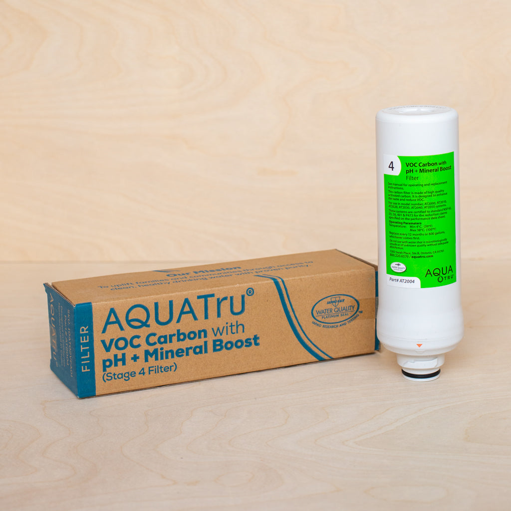 AquaTru Classic Water Purifier VOC Carbon with pH + Mineral boost cartridge shown with packaging