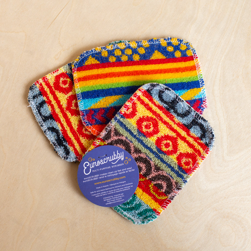Euroscrubby multi-purpose scrub pads with vibrant patterns