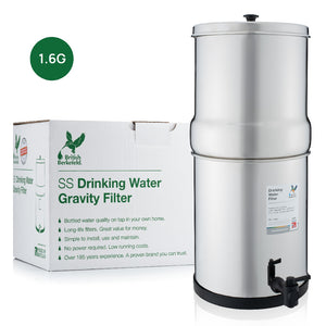 British Berkefeld stainless steel drinking water gravity filter shown beside the product box - small 6L (1.6 gal) size.