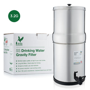 British Berkefeld stainless steel drinking water gravity filter shown beside the product box - Large 12L (3.2 gal) size.
