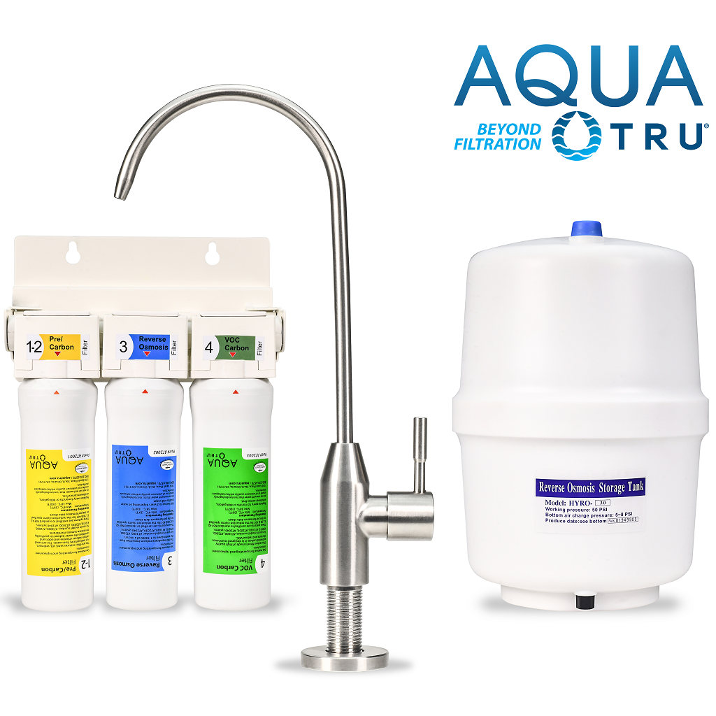 Aqua Tru Undersink Water Purifier filter manifold, storage tank, and faucet.