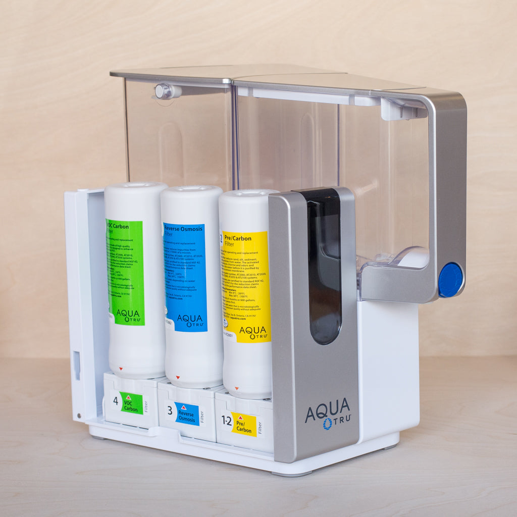 AquaTru Classic Countertop Water Purifier angled view showing filters